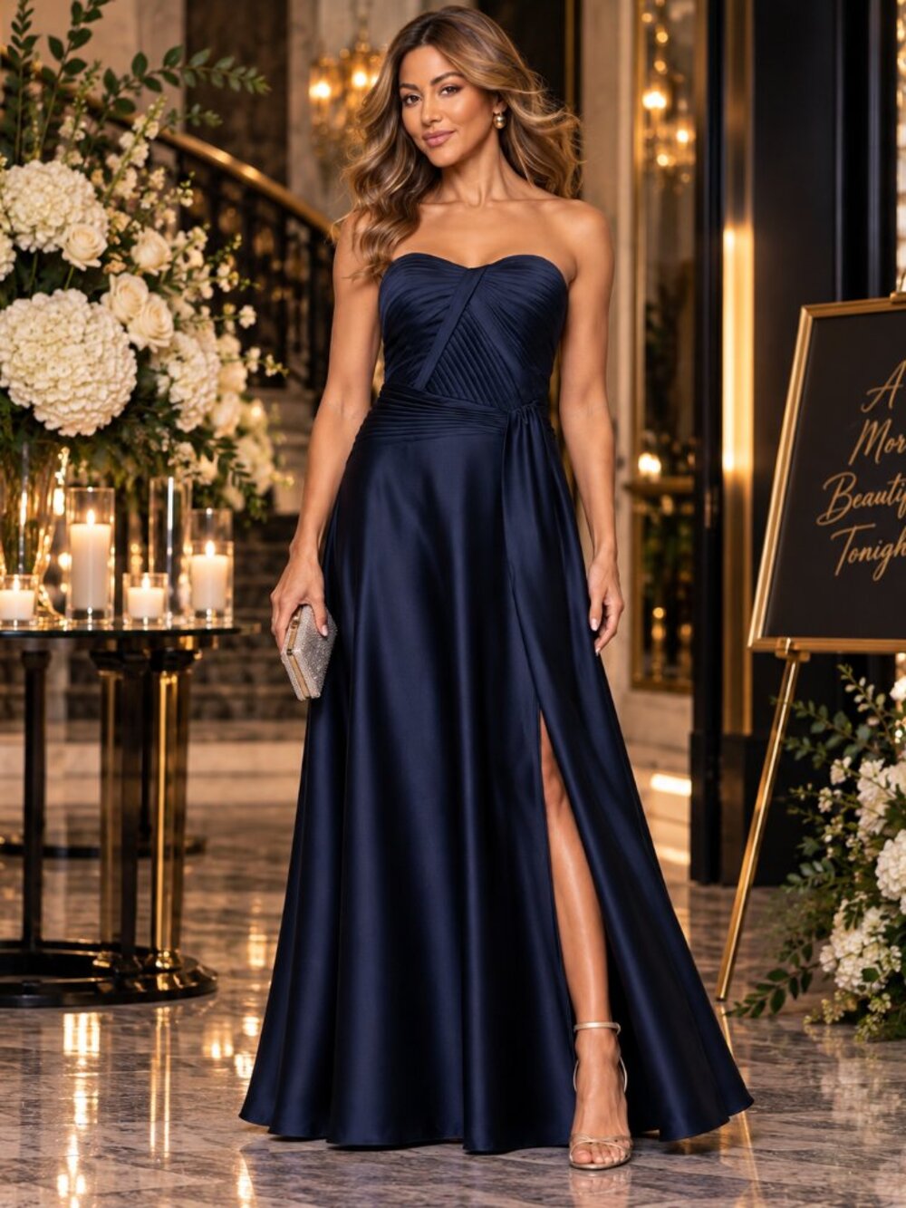 XSCAPE Size 10 Navy Hammered Satin Strapless Formal Gown NWT - Picture 2 of 9